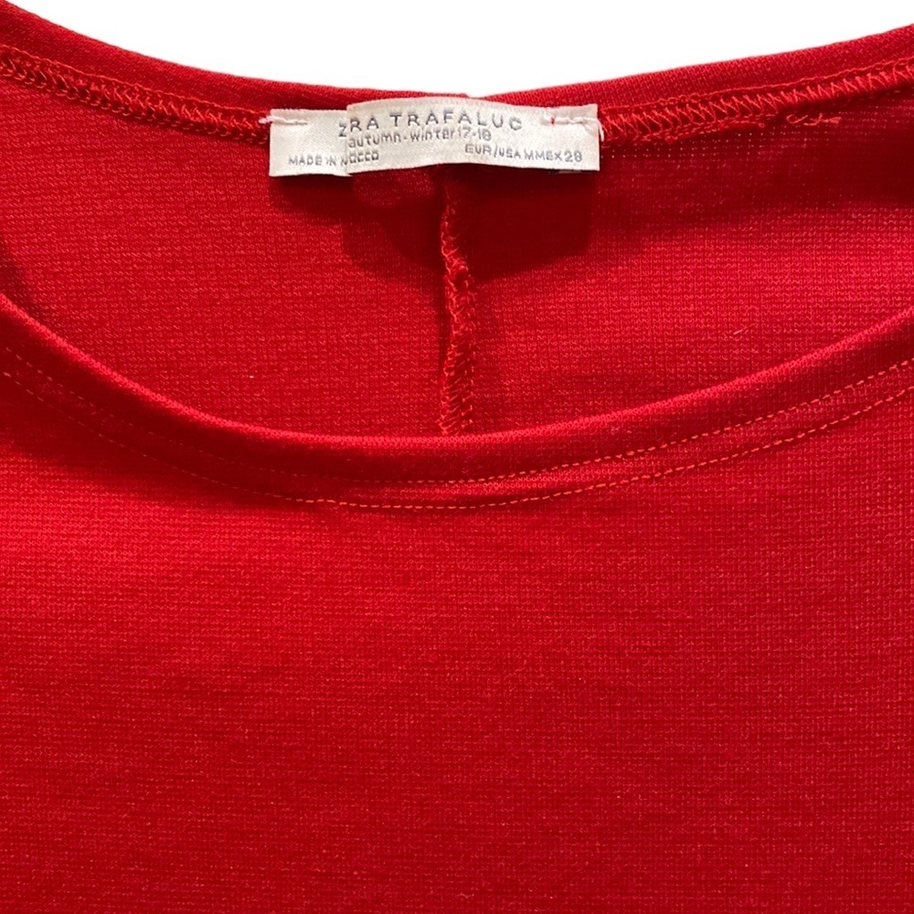 Zara Trafaluc Ponti Di Roma Red Knit Dress Elbow Sleeve Ruffle 3/4 size M - Picture 7 of 14